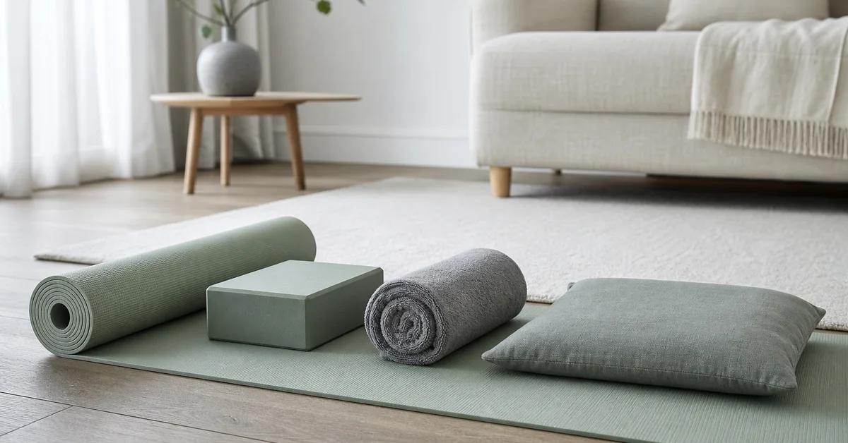 Grüne Gymnastikmatte mit Yogablock, aufgerolltem Handtuch und Kissen in einem hellen Wohnzimmer