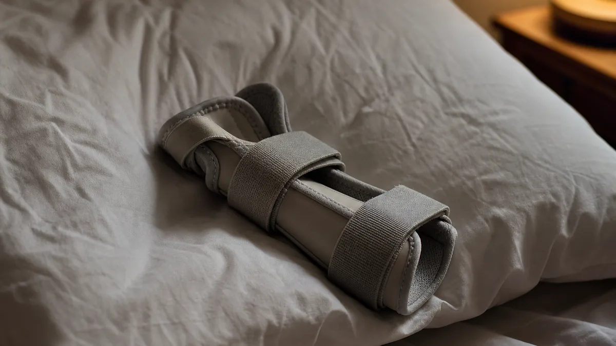 Person schüttelt nachts im Bett die eingeschlafene, kribbelnde Hand aus