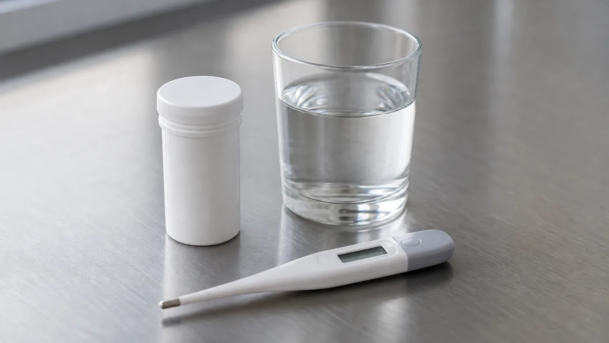 Weiße Schmerztablette und ein Glas Wasser neben einem Fieberthermometer auf einem Tisch