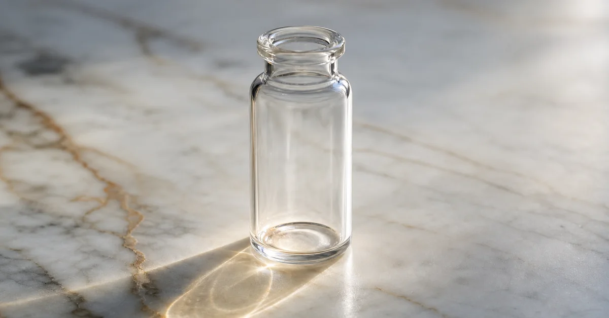 Weiße Tablette und ein leeres Glas auf einem Tisch, Symbolbild für ein Scheinmedikament ohne Wirkstoff