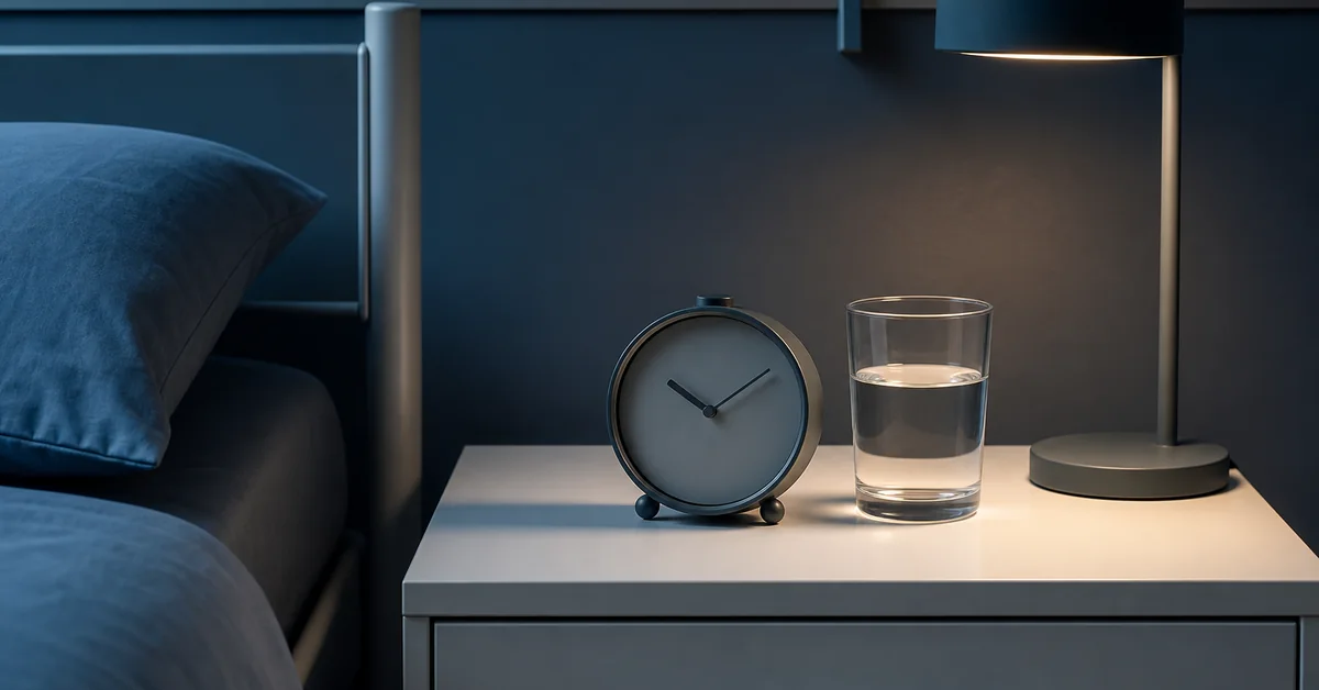Nachttisch bei Nacht mit analogem Wecker, Wasserglas und gedämpfter Leselampe in warmem Licht