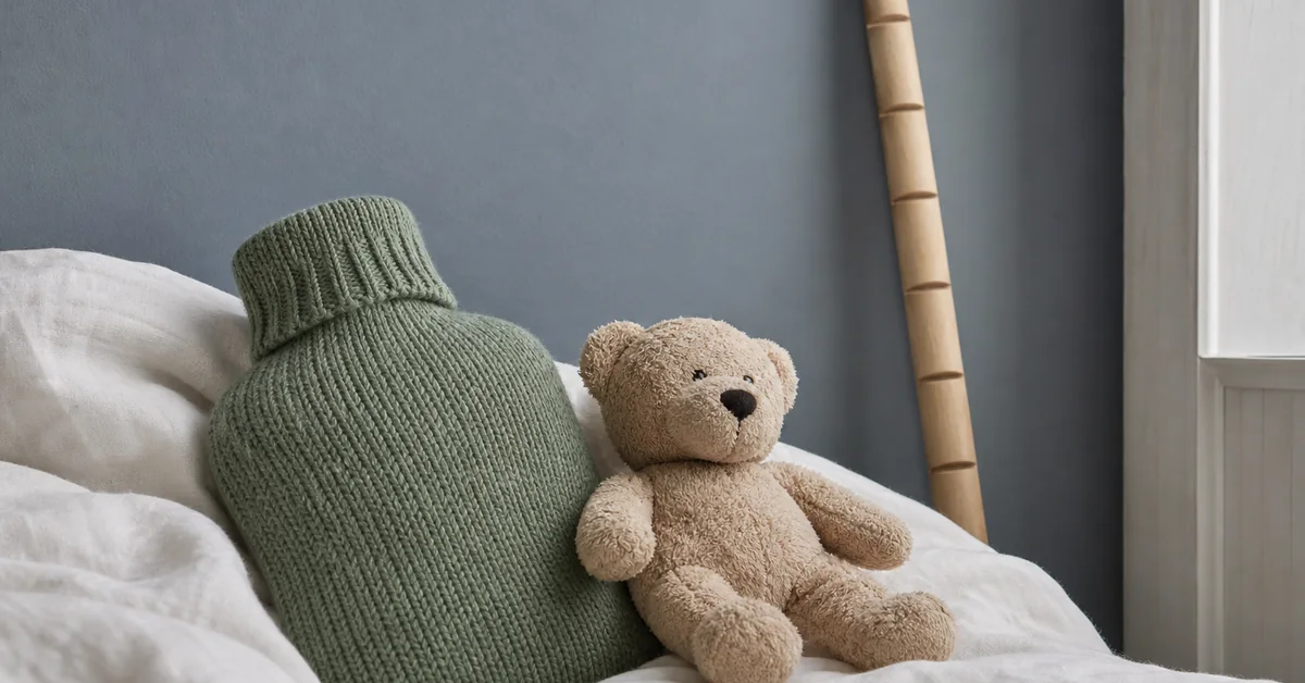 Kind sitzt abends im Bett und hält sich mit beiden Händen das schmerzende Schienbein, eine Elternhand ruht beruhigend am Bein